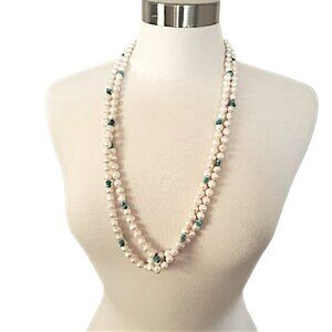 Long Freshwater Pearl and Turquoise Necklace